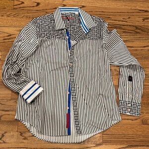 Robert Graham Black & White Striped Button-Down Shirt with Blue Trim XL